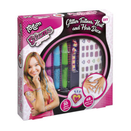 Set creativ 3 in 1, tatuaje cu sclipici, tatuaje cu sclipici pentru unghii si creioane pentru colorarea parului - Fashion Glamz